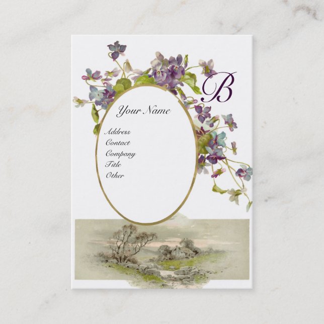 Tarjeta De Visita MONOGRAMA ROMÁNTICO,VIOLETAS de cáscara de huevo v (Anverso)