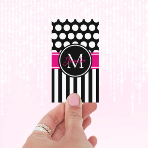 Tarjeta De Visita Monograma Rosa Caliente de Lunares y Rayas Negro B