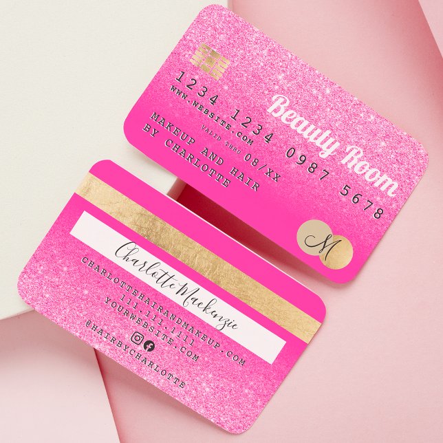 Tarjeta De Visita Monograma rosa de belleza purpurina rosa con tarje (Subido por el creador)
