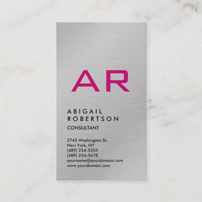 Tarjeta De Visita Monograma rosa de moda gris de plata vertical Femi (Anverso)