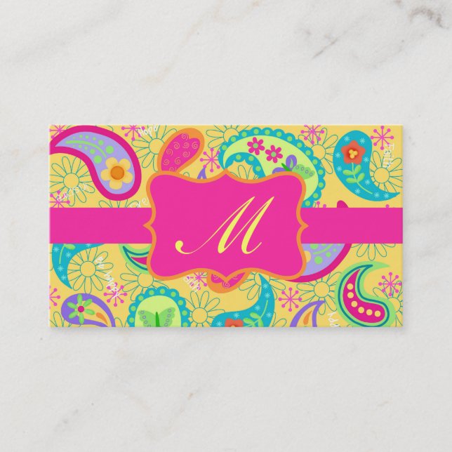 Tarjeta De Visita Monograma rosa de paisley moderno amarillo de la f (Anverso)
