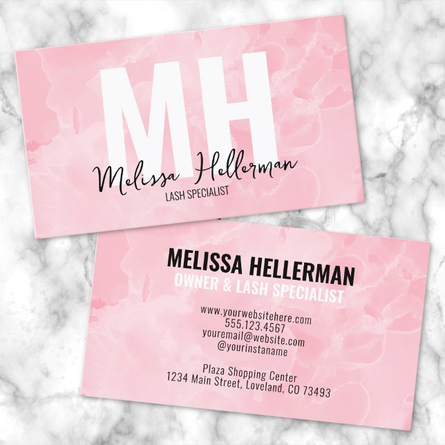Tarjeta De Visita Monograma rosa Rubor de mármol moderno simple (Chic Elegant Pink Marble Watercolor Monogram Business Card)