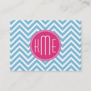 Tarjeta De Visita Monograma rosado magenta con Chevron azul claro