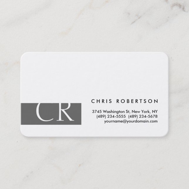 Tarjeta De Visita Monograma Roundner Gray White Business Card (Anverso)
