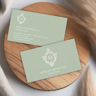 Tarjeta De Visita Monograma Sage Green Elegant Vintage Ornate Escudo
