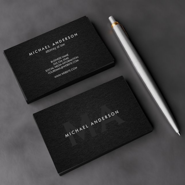 Tarjeta De Visita Monograma Serif Corporativo Lino Negro Mínimo (Subido por el creador)