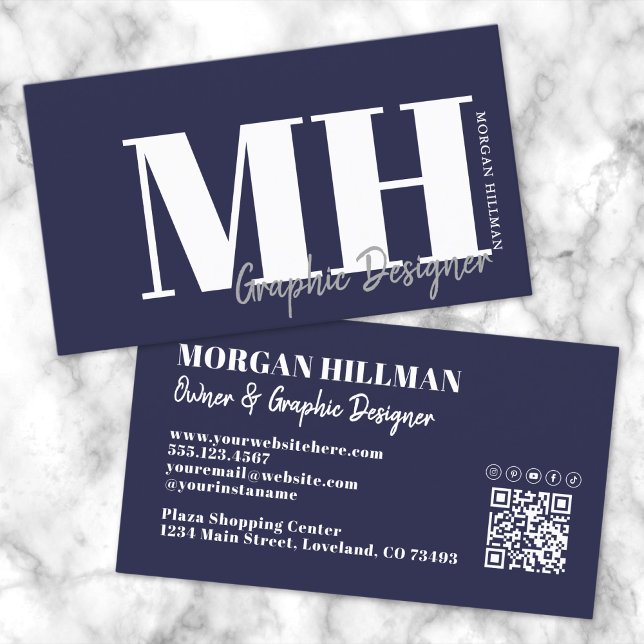 Tarjeta De Visita Monograma simple con código QR azul marino (Navy Blue QR Code Simple Monogram Business Card )