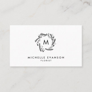 Tarjeta De Visita Monograma simple de flor floral negro y blanco