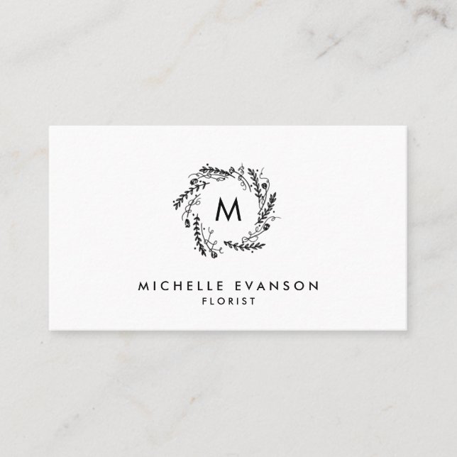 Tarjeta De Visita Monograma simple de flor floral negro y blanco (Anverso)