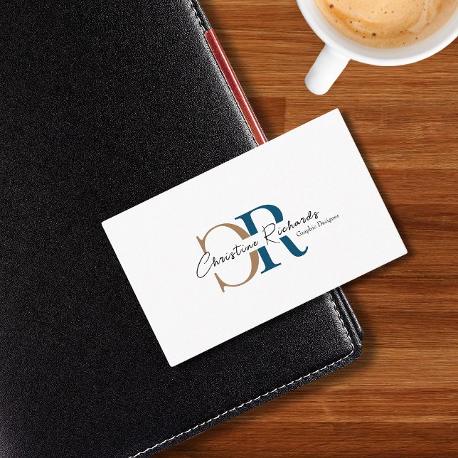 Tarjeta De Visita Monograma simple de oro azul moderno (Subido por el creador)