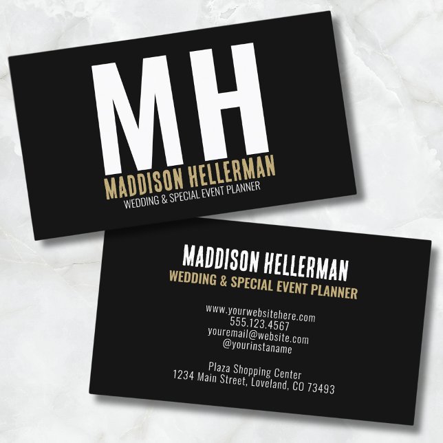Tarjeta De Visita Monograma simple de oro negro moderno (Simple Stylish Modern Black Gold Monogram Business Card)