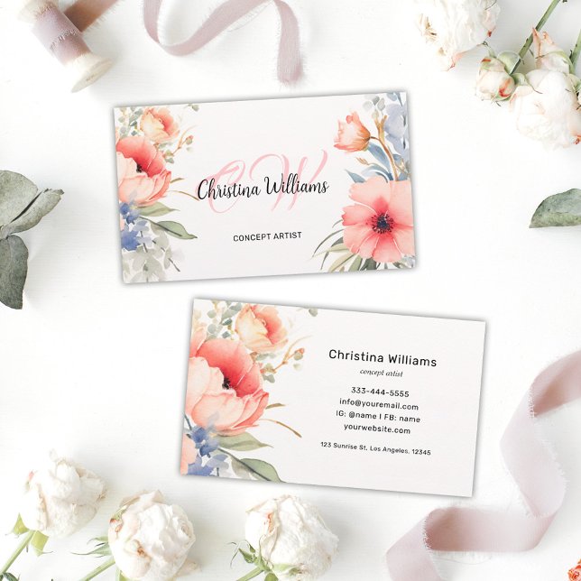 Tarjeta De Visita Monograma único de acuarela floral (Watercolor Floral Unique Monogram Business Card)