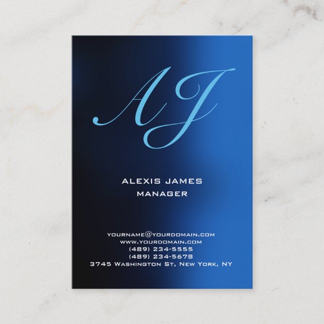 Tarjeta De Visita Monograma único de escritura vertical azul (Anverso)