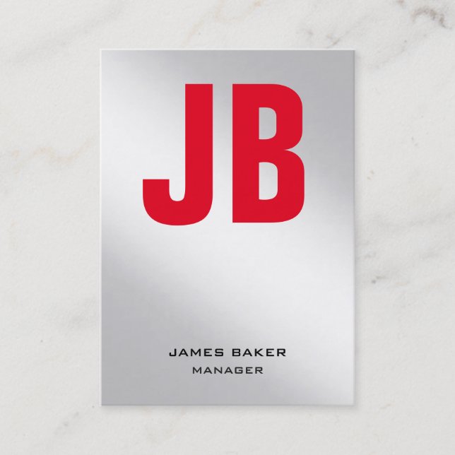 Tarjeta De Visita Monograma unico de planicie rojo plateado metálico (Anverso)