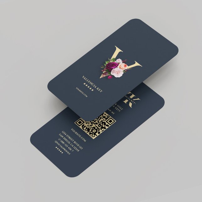 Tarjeta De Visita Monograma V Floral Profesional Dark Blue Gold (Monogram V Floral Professional Dark Blue Gold Business Card
)