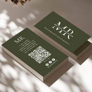 Tarjeta De Visita Monograma Verde del Ejército, Código QR y Redes So