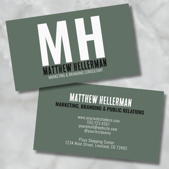 Tarjeta De Visita Monograma verde simple profesional (Green Simple Minimal Professional Monogram Business Card )