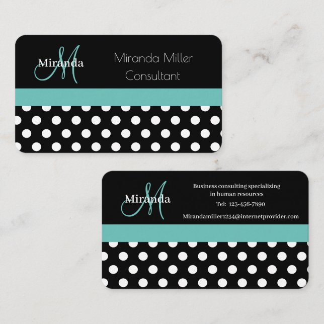Tarjeta De Visita Monograma verde verde azulado Punto de Polka Blanc (Anverso / Reverso)
