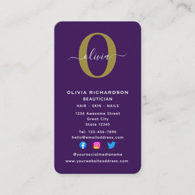 Tarjeta De Visita Monograma vertical Nombre de guión Morado Oro Blan (Anverso)