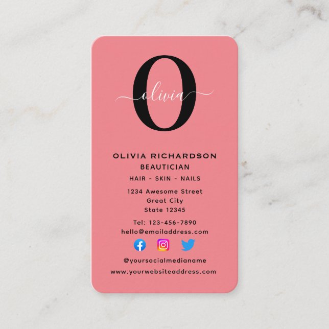 Tarjeta De Visita Monograma vertical Nombre de guión negro rosa blan (Anverso)