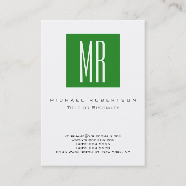 Tarjeta De Visita Monograma White Forest Green Clean Business Card (Anverso)