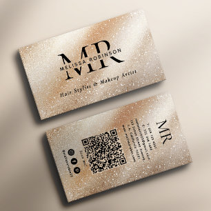 Tarjeta De Visita Monograma y Código QR con Brillo Crema Beige Elega