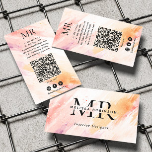 Tarjeta De Visita Monograma y código QR con trazos de acuarela Rosa 