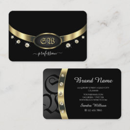 Tarjeta De Visita Monograma y diamantes extravagantes en negro y oro