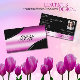 Tarjeta De Visita Monograma y foto de líneas curvas rosadas modernas