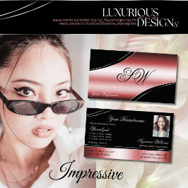 Tarjeta De Visita Monograma y foto de preciosas líneas rojas curvada