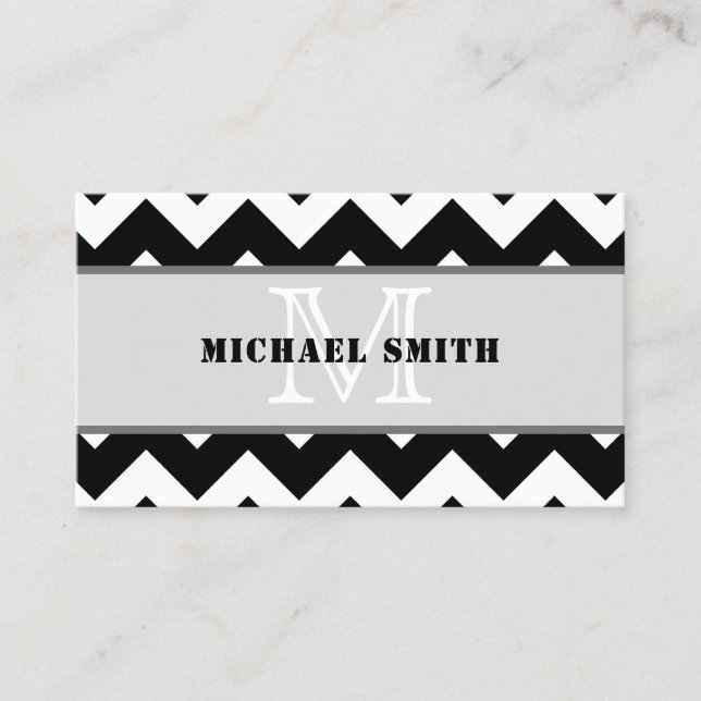 Tarjeta De Visita Monograma Zigzag de la Chevron blanca negra #2 (Anverso)