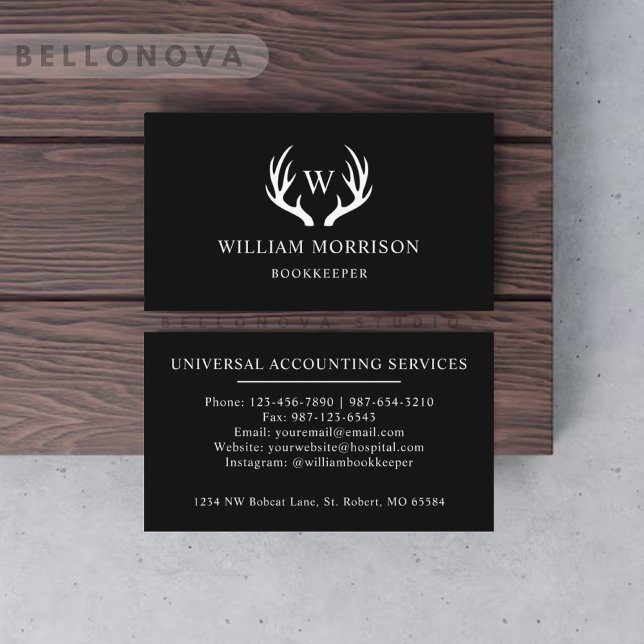 Tarjeta De Visita Monogramado Antler personalizado De Venado Blanco  (Custom Black And White Deer Antler Monogrammed Business Card)