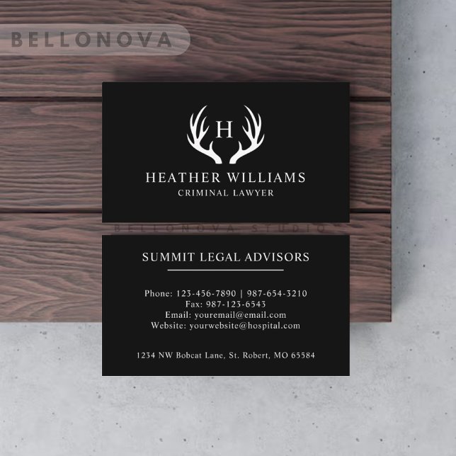 Tarjeta De Visita Monogramado Antler personalizado De Venado Blanco  (Custom Black And White Deer Antler Monogrammed Business Card)