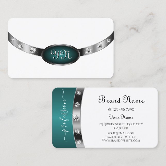 Tarjeta De Visita Monogramado de diamantes falsos Verde azulados de  (Anverso / Reverso)