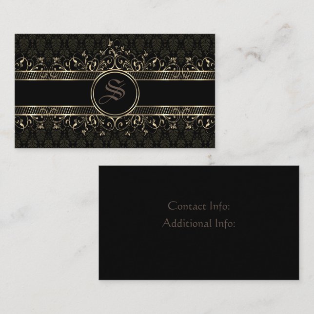 Tarjeta De Visita Monogramado gótico negro y dorado (Anverso / Reverso)