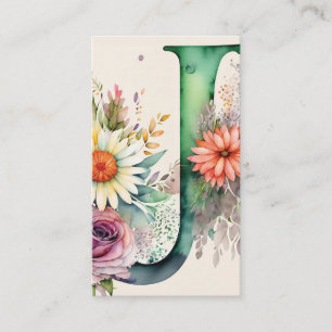 Tarjeta De Visita Monogramado J Daisy Floral Watercolor QR Code Logo