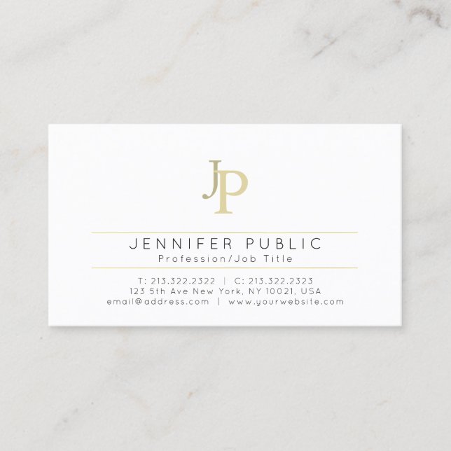 Tarjeta De Visita Monogramado Moderno Elegante Oro Blanco Creativo (Anverso)