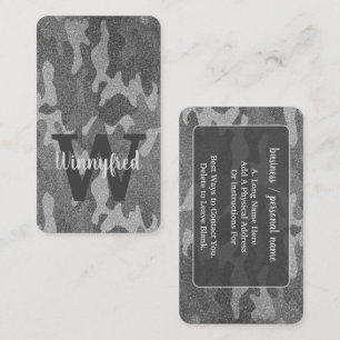 Tarjeta De Visita Monogramado Purpurina de camuflaje plateado y de a