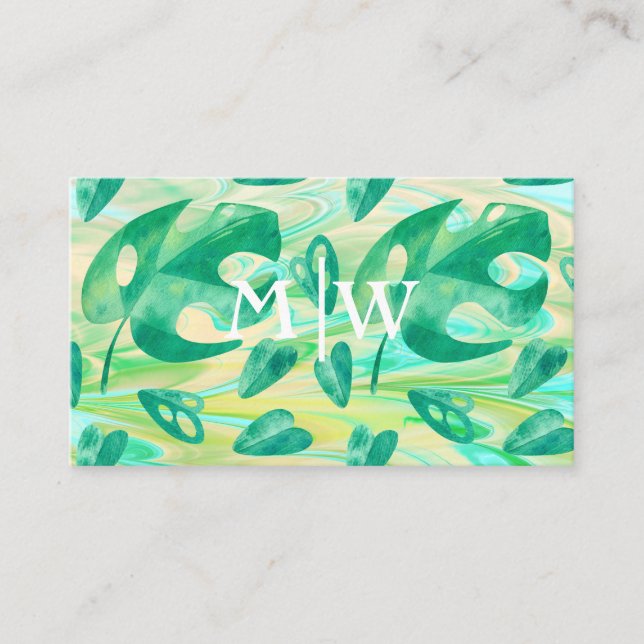 Tarjeta De Visita Monogramado Tropical Monstera Leaf Green Luxury (Anverso)