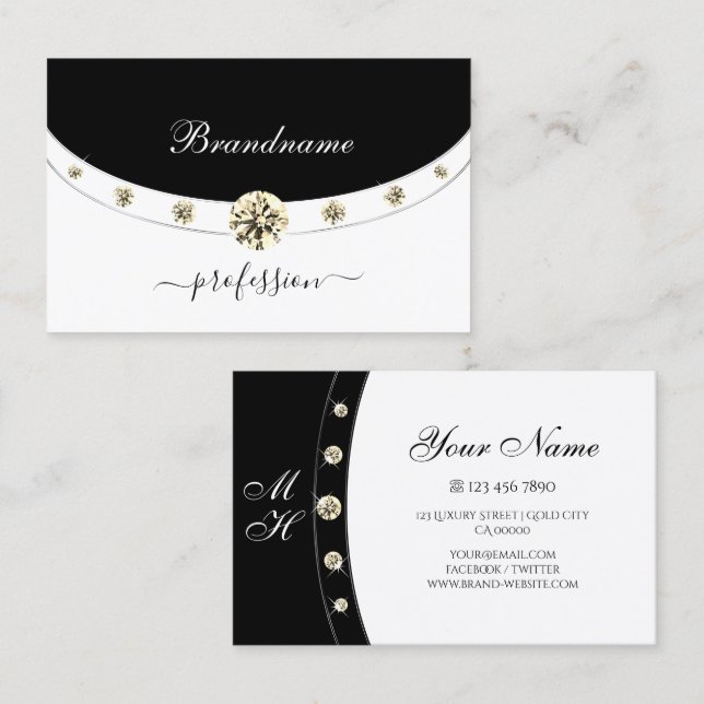 Tarjeta De Visita Monogramas elegantes plateados en blanco y negro (Anverso / Reverso)