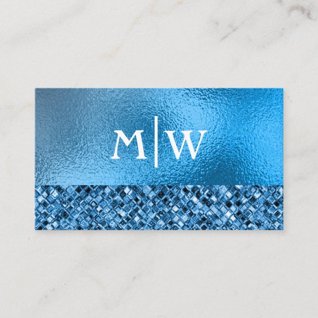 Tarjeta De Visita Monogramed Elegant Blue Sparkle Purpurina Luxury (Anverso)