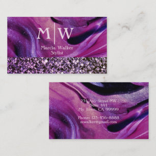 Tarjeta De Visita Monogramed Elegant Purple Marble Purpurina Luxury