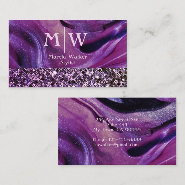 Tarjeta De Visita Monogramed Elegant Purple Marble Purpurina Luxury (Anverso / Reverso)