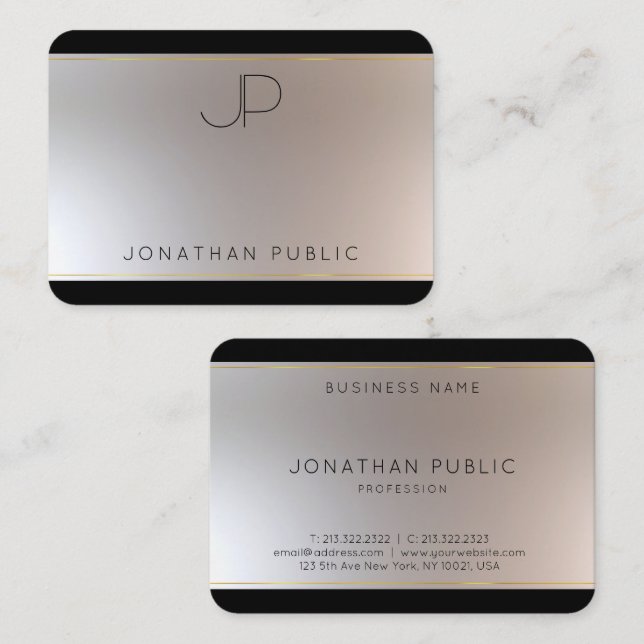 Tarjeta De Visita Monogramed Gold Silver Elegant Moderno Template (Anverso / Reverso)