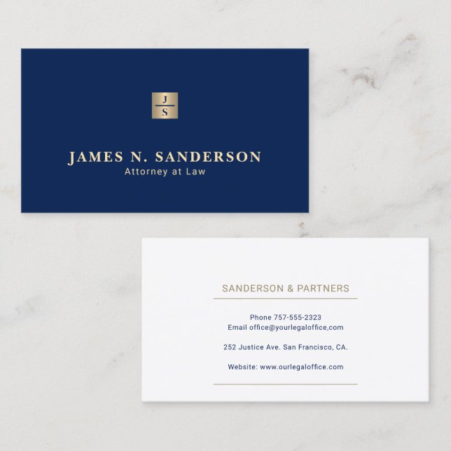 Tarjeta De Visita Monogrammed name elegant luxury navy gold lawyer (Anverso / Reverso)