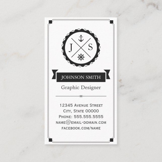Tarjeta De Visita Monogramo de ancla nautical retro (Anverso)