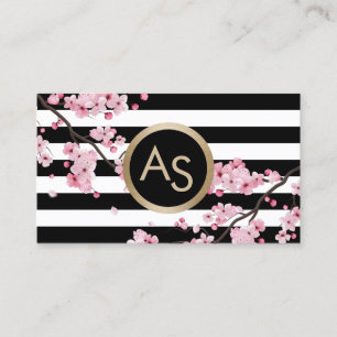 Tarjeta De Visita Monogramo Floral Rosa Moderna Stripes Salón De Be