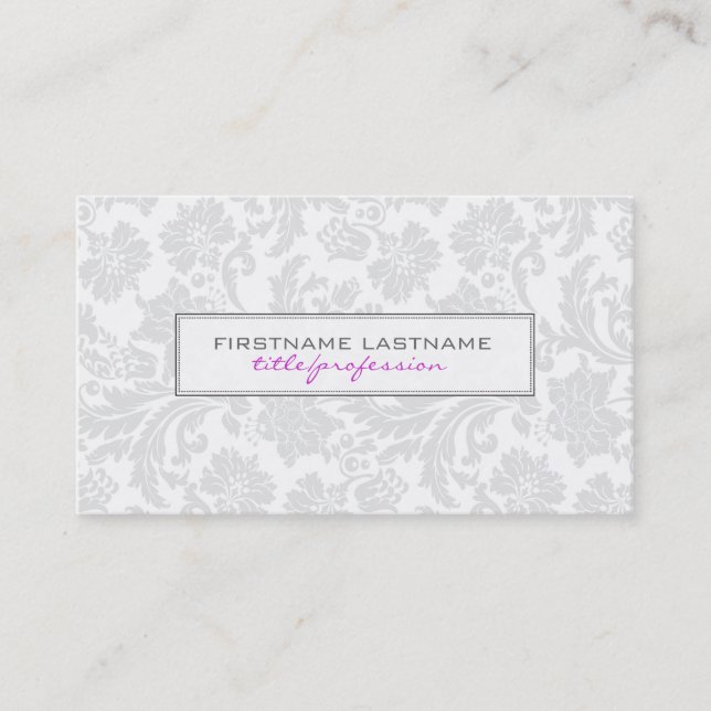 Tarjeta De Visita Monotones blancos limpian Damasmas florales 2 (Anverso)