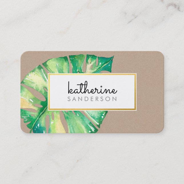 Tarjeta De Visita MONSTERA LEAF eco pintado de kraft acuarela modern (Anverso)