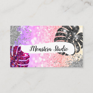 Tarjeta De Visita Monstera Pink Purple Salon Marble Business Card